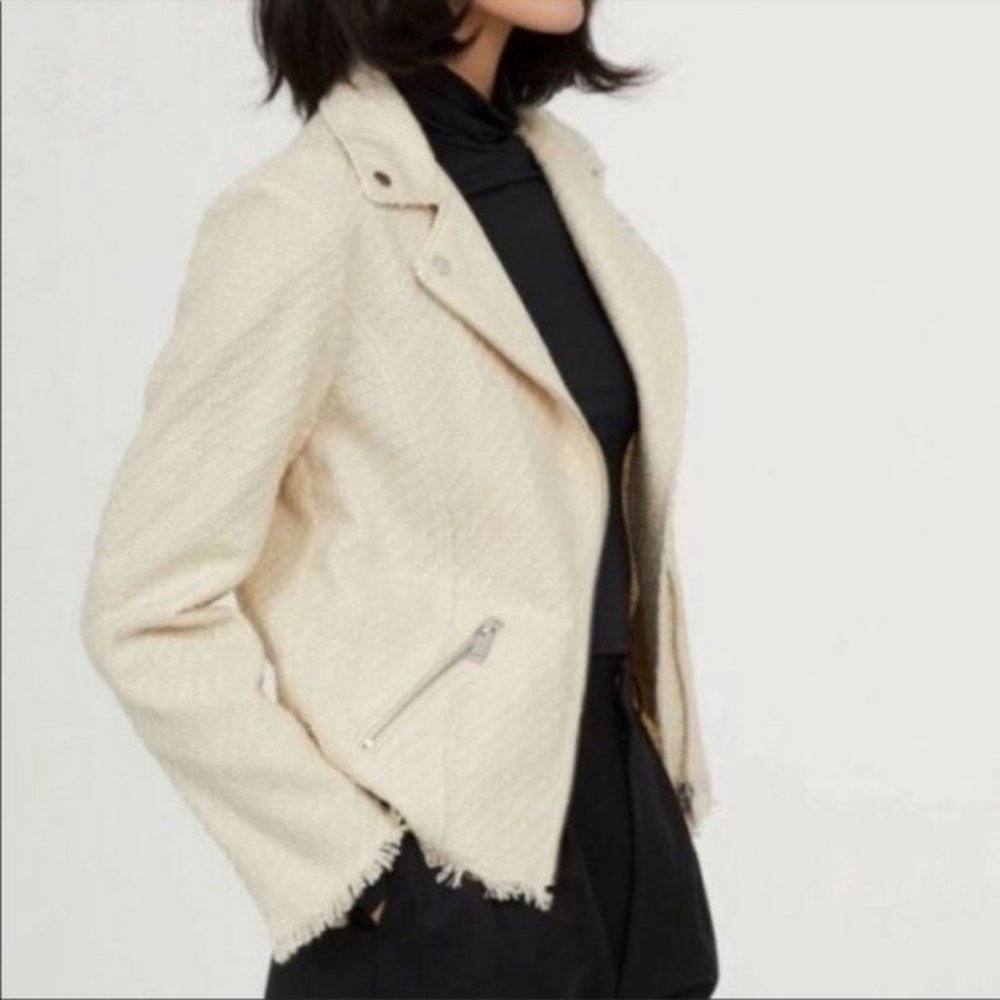 H&M Cream Tweed Moto Jacket Raw Hem Cream Collar Full Zip Women’s  Size 4